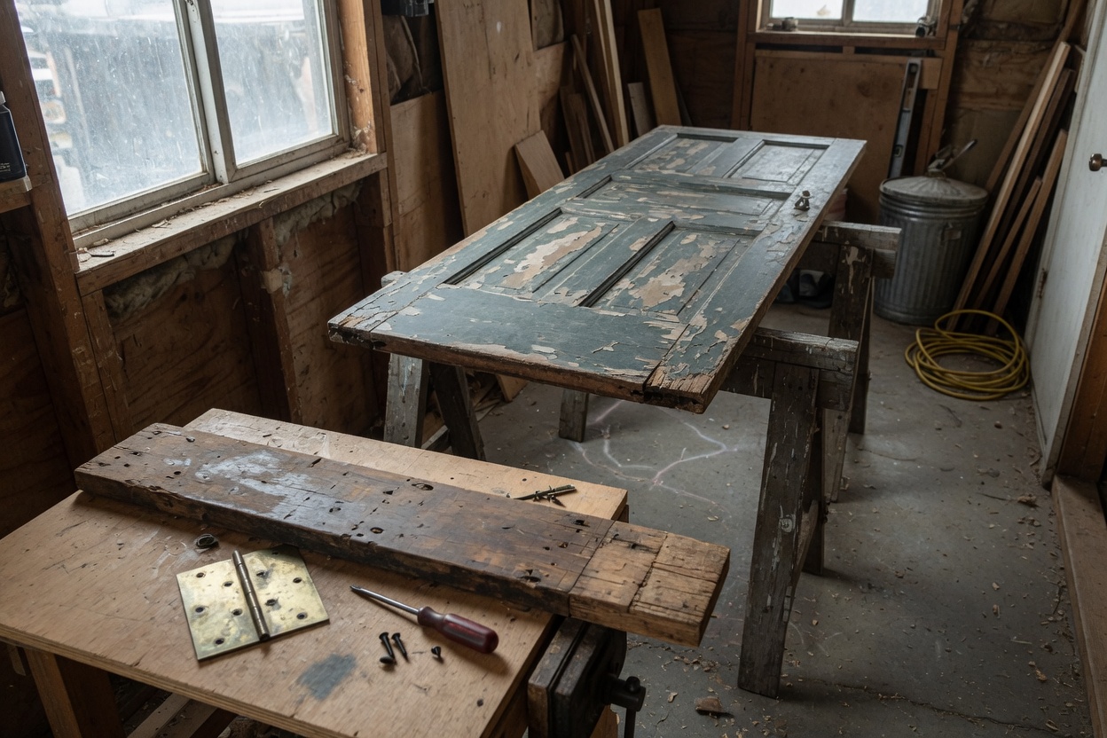 A painted door on sawhorses beside a worn sill and a brass hinge.